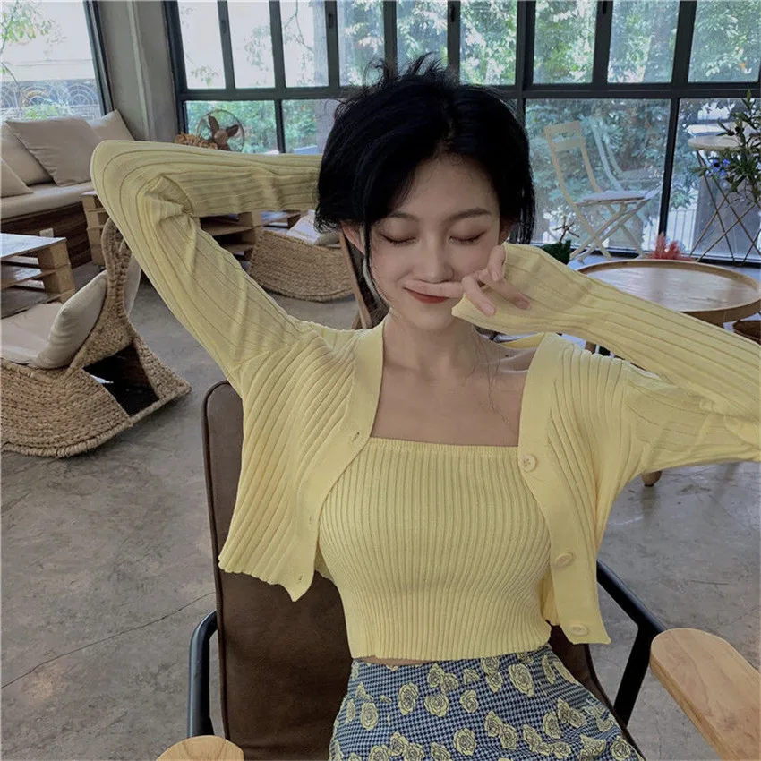 

Женский трикотажный кардиган с длинными рукавами, корейский свитер из двух предметов на осень и зиму, 2022