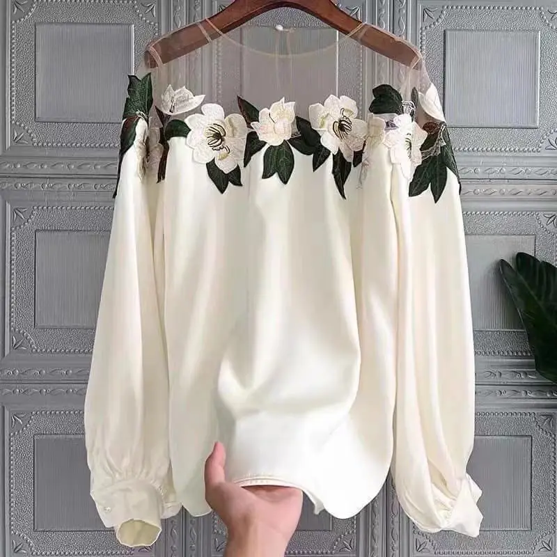 

Elegant Mesh Floral Embroidery Satin Blouses Women O Neck Silk Long Sleeve Shirt Women Vintage Office Lady Tops Blusas New 25565