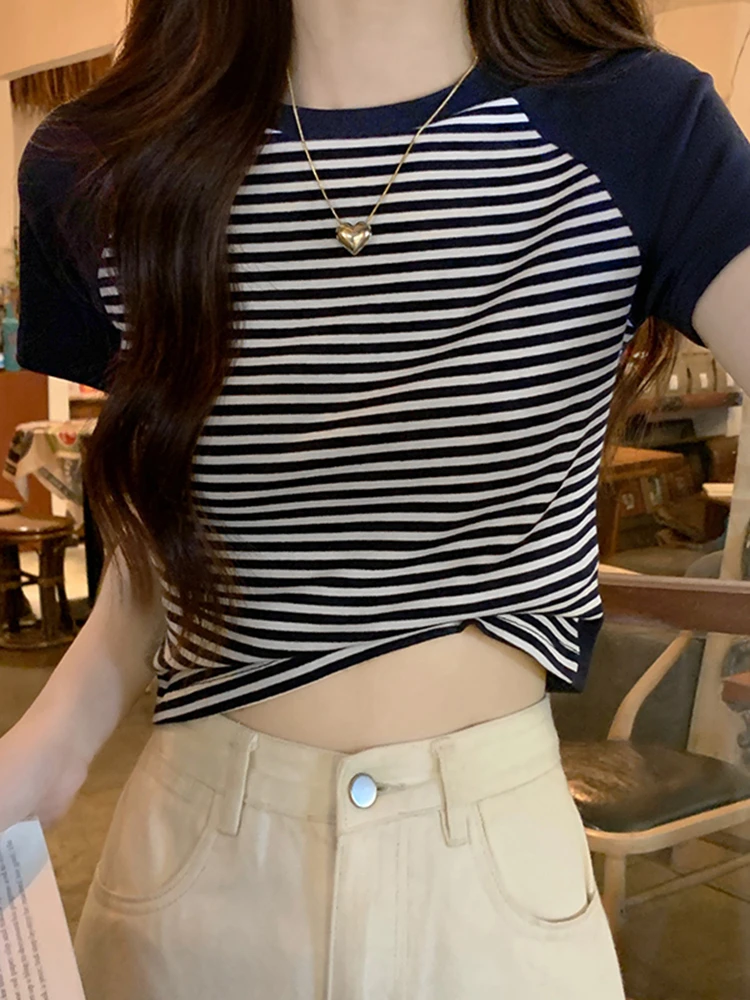 

Cotton Summer Contrast Raglan Retro Stripe Top Short T-shirt Women