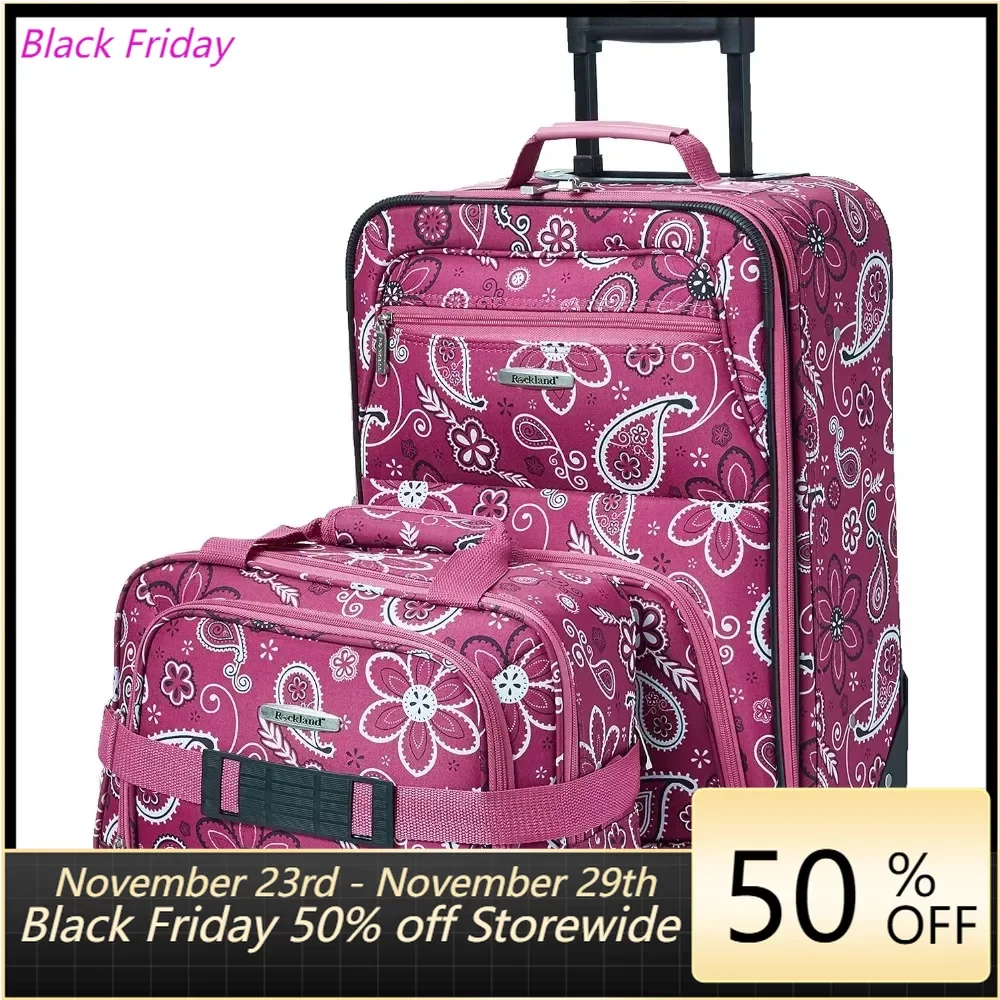 

2-Piece (14/19) Travel Bags With Wheels Free Shipping Fashion Softside Upright Luggage Set Pink Bandana Wheel Large Size Luggage