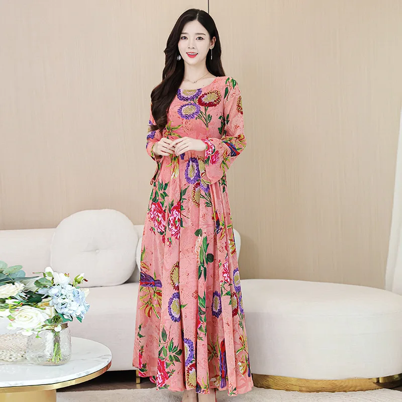 Spring Summer Pink Floral Flare Sleeve Maxi Dress Muslim Women Vintage Chic Luxury Party Night Dress 2023  muslim dress