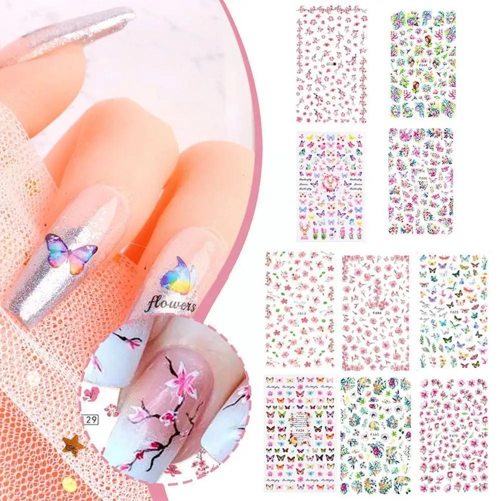 

3D-Наклейки для ногтей с фиолетовыми цветами, зелеными листьями, цветами, вишней, искусственными слайдерами, бабочками, весенним маникюром Y0G0