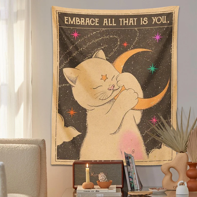 стену висит ковер-картина Sun moon Tarot Cat для ведьмовства, вы - ребенок Вселенной, богемный декор дома, хиппи-спальня.