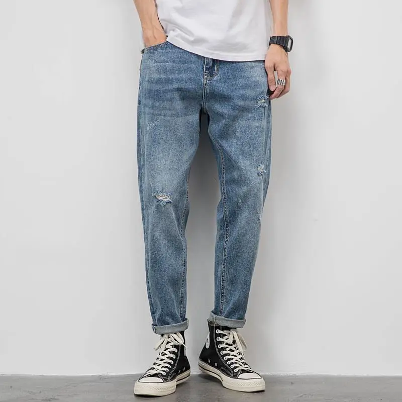 Light-Colored Jeans Men 'S Loose Straight Ripped Casual Cropped Pants Summer Thin Fashion2021New Spring Trousers