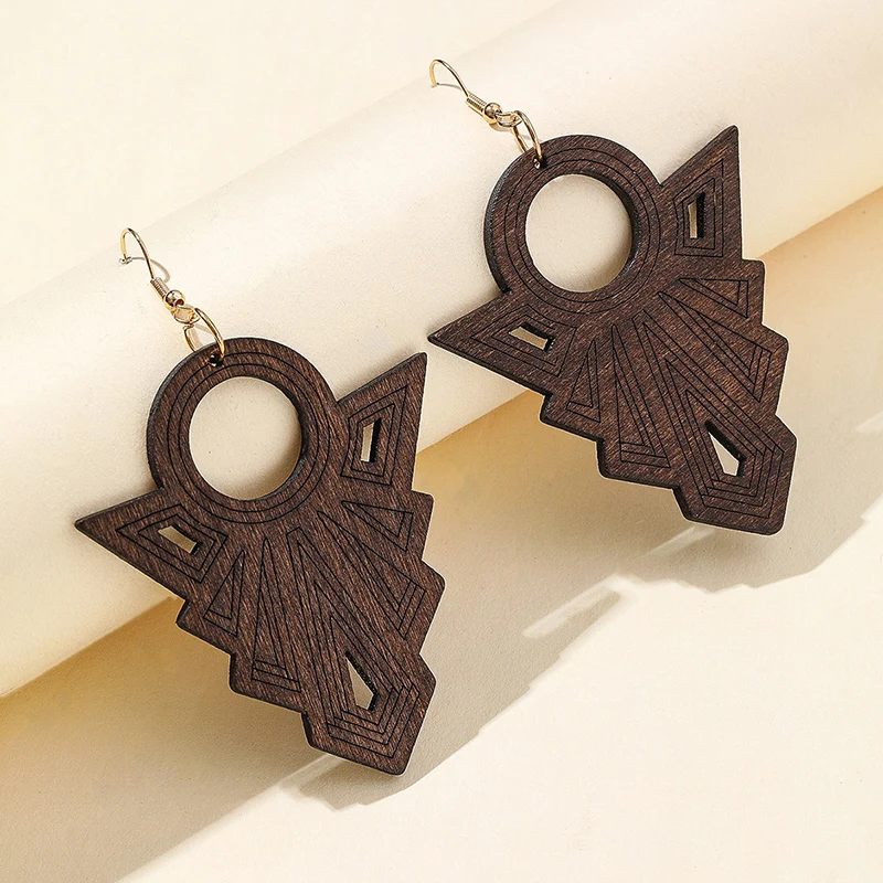 

Женские деревянные геометрические полые резные узоры, висячие серьги, женские повседневные ретро этнические серьги, женские серьги, ювелирные изделия