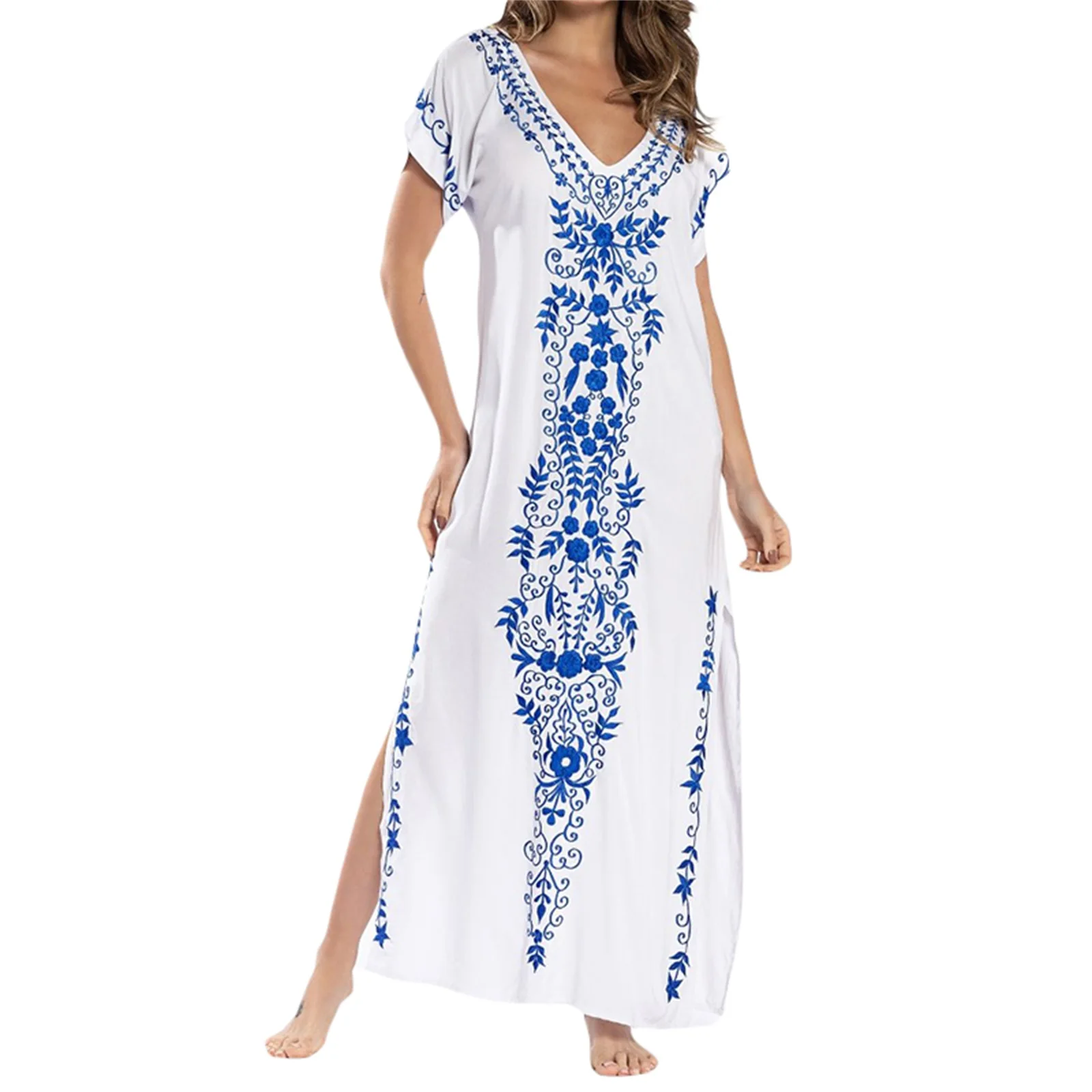 

Женское летнее богемное платье из хлопка, яркое свободное платье с коротким рукавом, V-образным вырезом и Боковым Разрезом, Пляжная пляжная одежда для отпуска