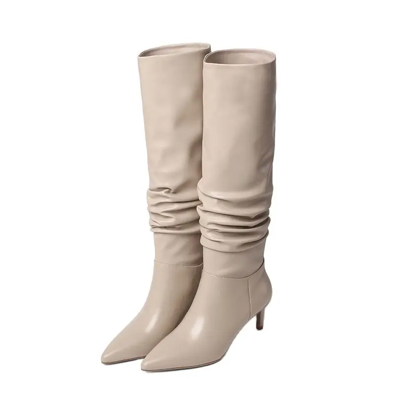 

Роскошные осенне-зимние длинные женские ботинки с острым носком на тонком каблуке, плиссированные ботинки, однотонные модные эластичные бо...