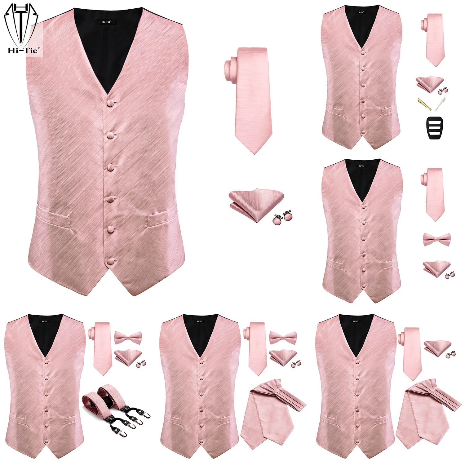 

Hi-Tie Silk Mens Vest Necktie Bowtie Suspender Ascot Peach Pink Dress Waist Jacket Tie Cravat Braces Hanky Cuff links Wedding