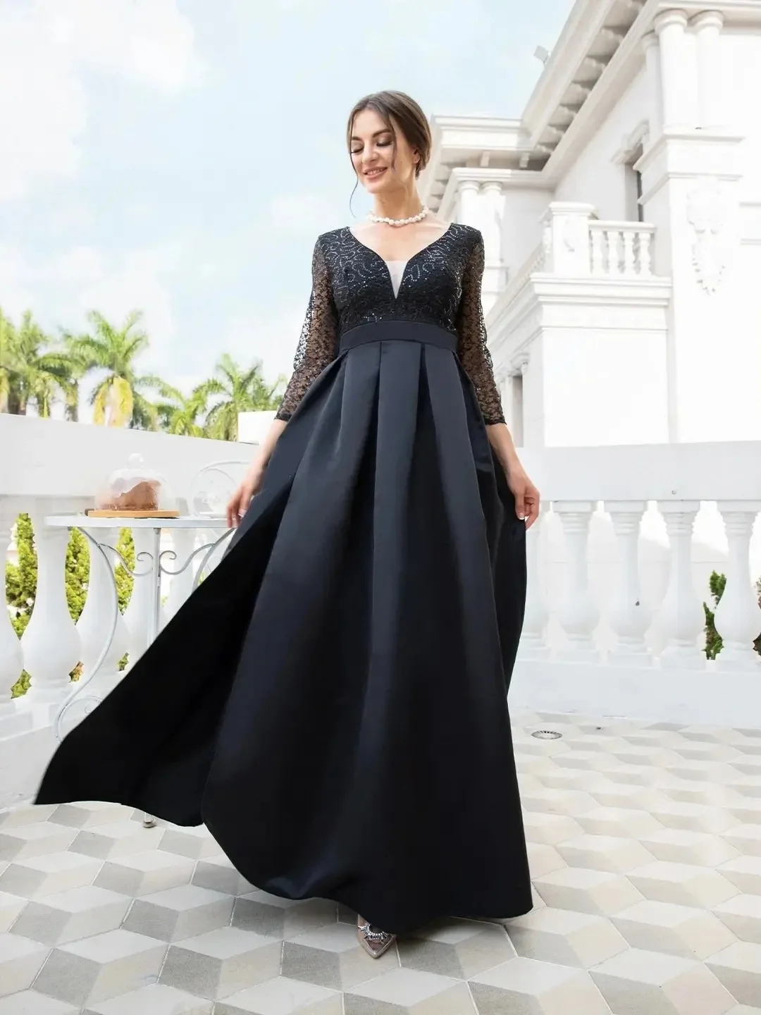 PLEINDI Luxurious Evening Dresses V-Neck Three Quarter A-LINE Floor-Length Chiffon 2022 New of Lace Ruched Prom Women Dress