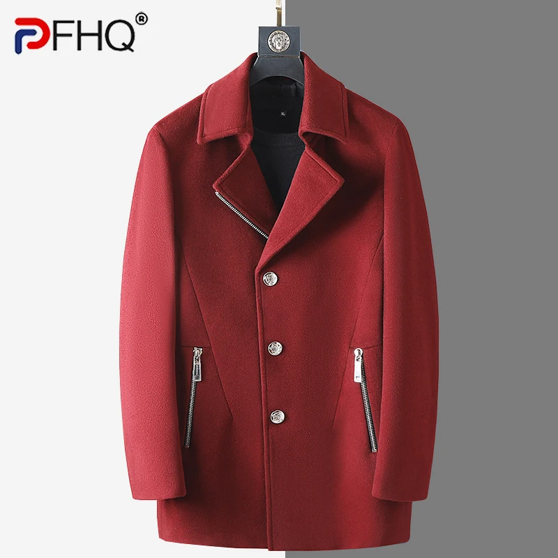 

PFHQ Lapel Woolen Autumn Men's Thick Windproof Coat Heavy Industry Medium Length Single Breasted Solid Color Windbreaker 21Z1516