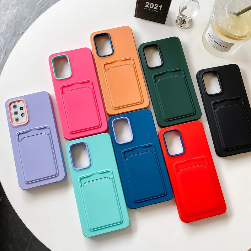 Solid Color Soft Phone Case For Samsung Galaxy A72 A52 A32 A22 A12 A03S Card Wallet Bag Lens Protect Shockproof Cover