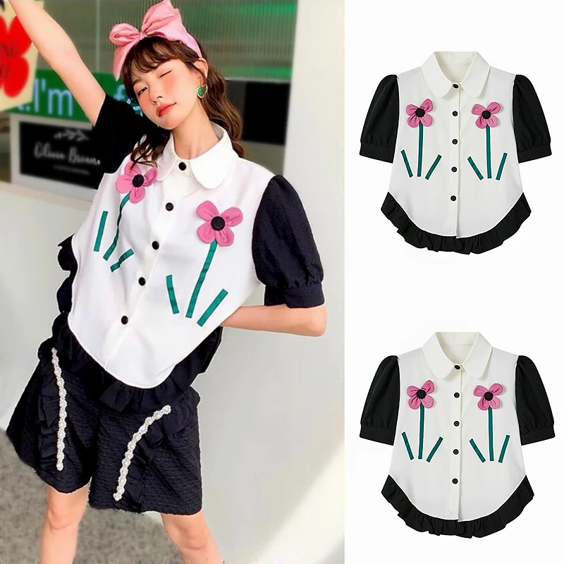 

Young Girl Style Short Sleeve Women's Blouses Chic Flower Appliques Casual Women's Shirts Summer 2022 Top Women Clothes SL563