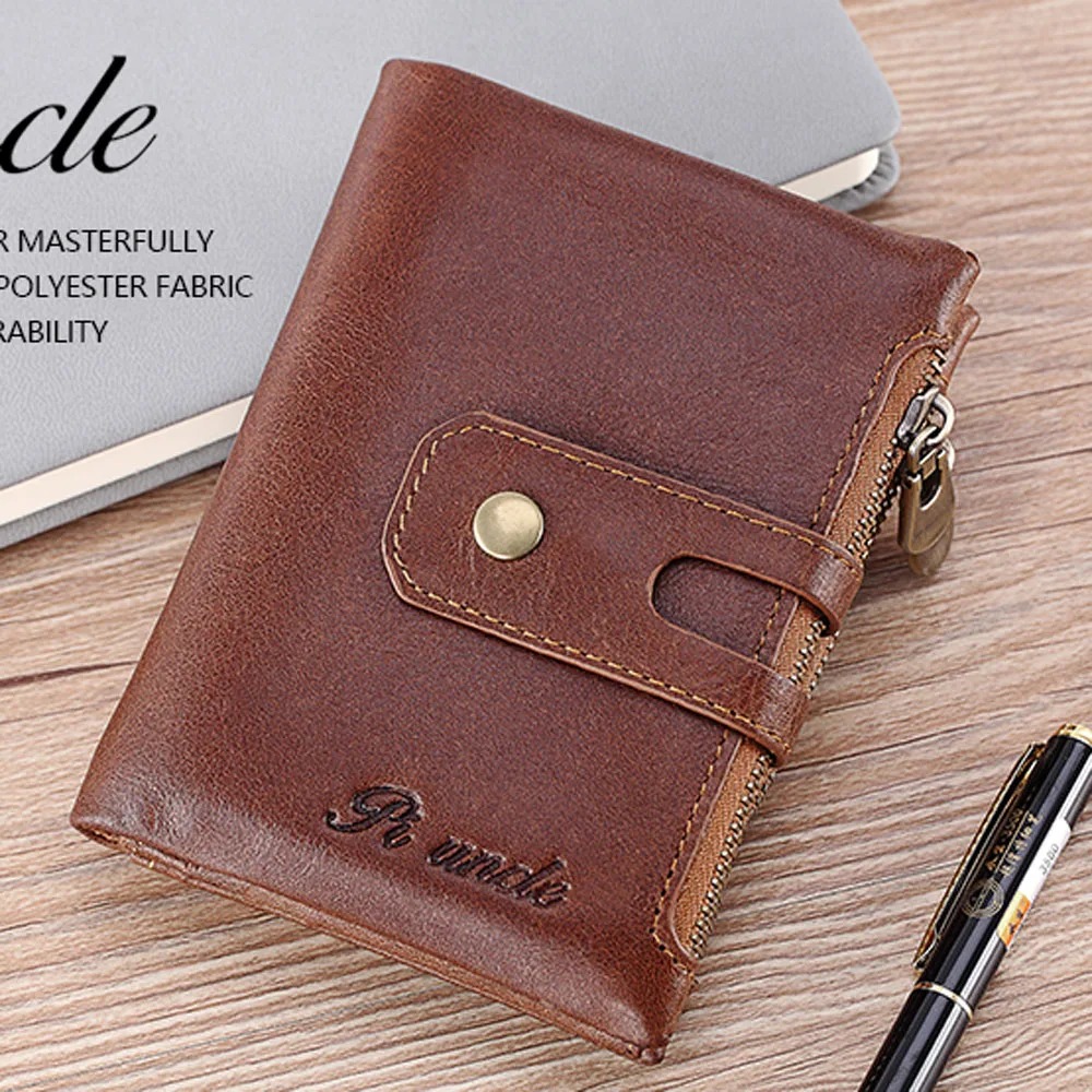 

Men Credit/ID Cards Holder Short Purse Anti-thief Money Clutch Bag Mini Zipper Causal Male Coin Pocket Genuine Leather Wallet