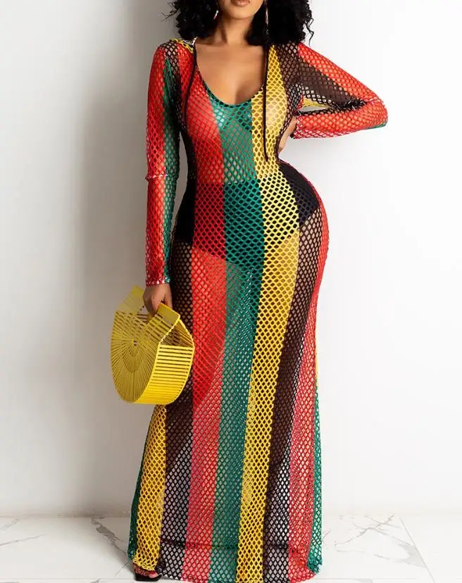 

Beach Cover Ups for Women 2023 Summer Fashion Colorblock Fishnet Design Hooded Long Sleeve Maxi Vacation Cover Up Dress