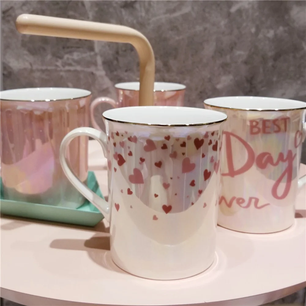 

Креативные розовые чашки в скандинавском стиле с золотыми сердечками для девочек, керамическая кофейная кружка, чашка для завтрака, молока,...