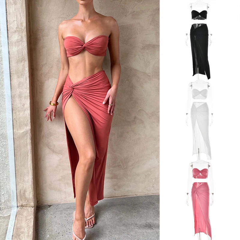

Women Elegant Strapless Sexy Two Piece Skirt Set Women Beach Dresses Sleeveless Top High Split Skirt Matching Party Dress Sets