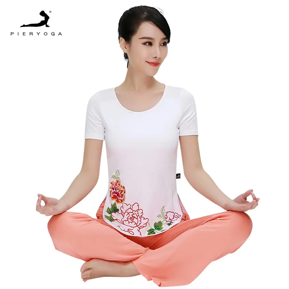 

PIERYOGA Yoga Clothes Blouses Women's Fitness Suits Sports Clothes White Round Collar Slit Short Sleeved Suit