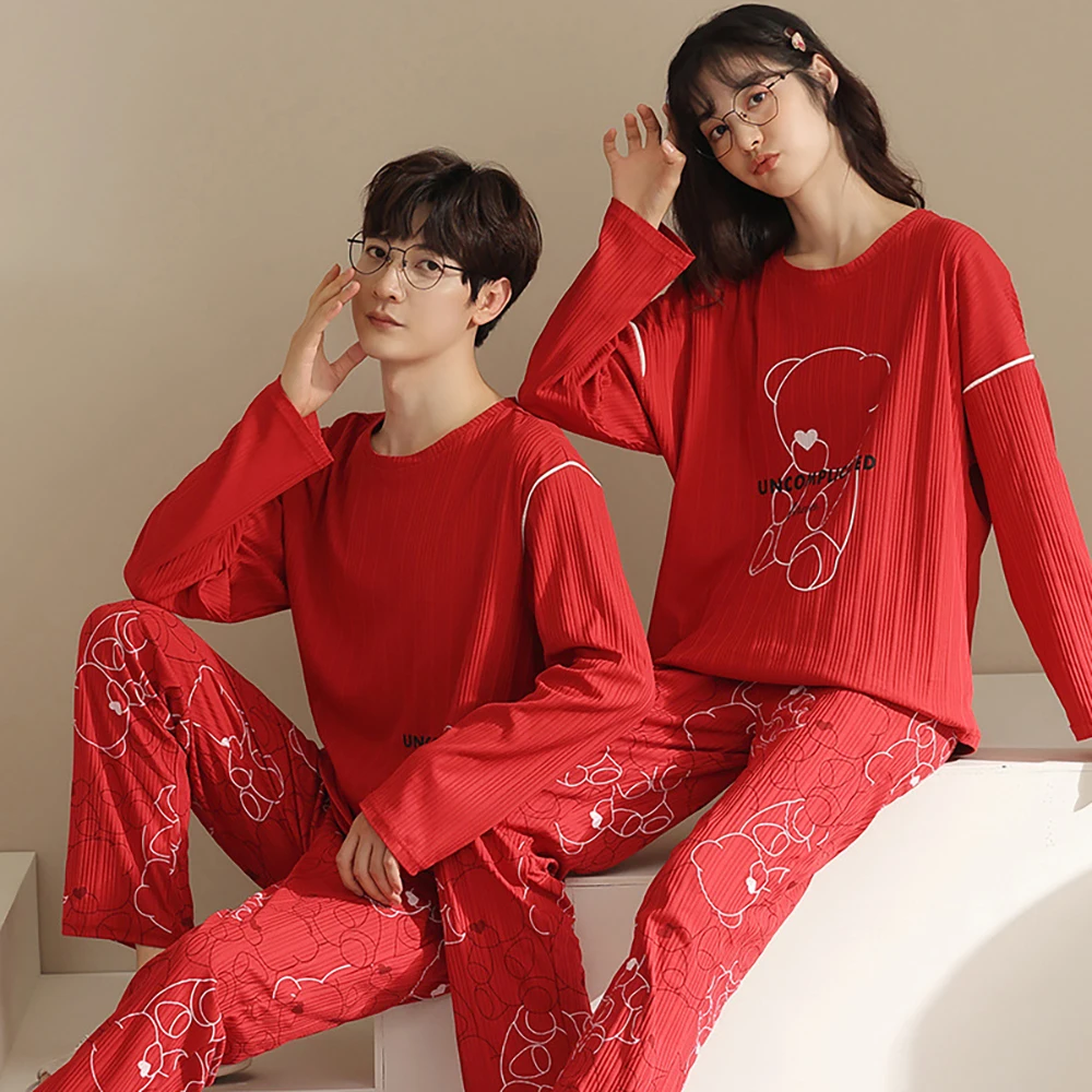 Spring Autumn Cotton Pajamas Sets for Women Couple Cute Cartoon Red Wedding Sleepwear for Sleeping Casual Fashion Pijama Pyjamas
