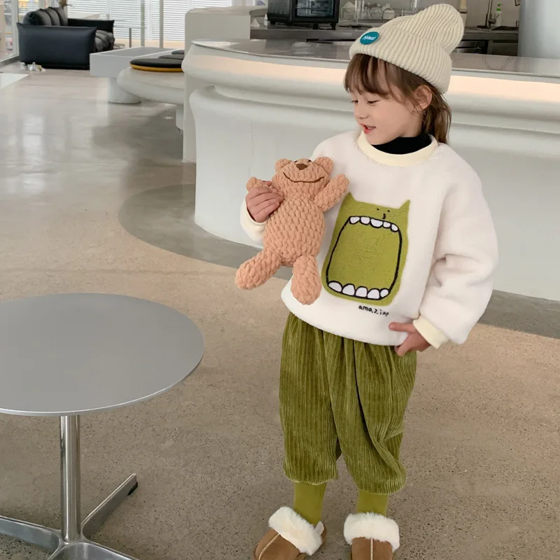 

Children Clothing 2022 Autumn Winter New Fashionable Cartoon Sweet Hoodie and Green Pants Set Casual Simple Sweet Girls Set