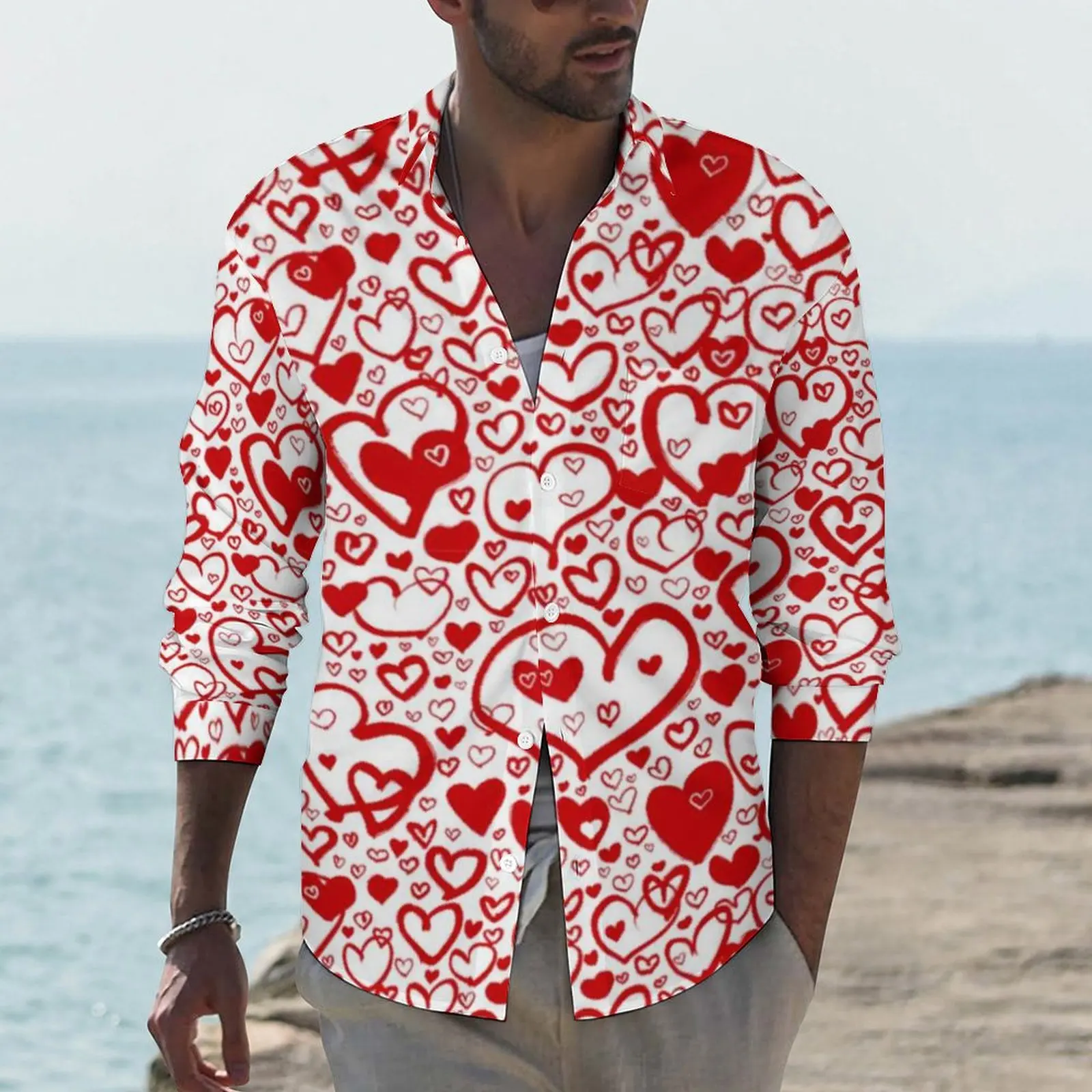 

Стильная Повседневная рубашка Love Heart, Мужская Веселая рубашка с граффити и сердцами, осенние Ретро Блузки с длинным рукавом, Одежда большого размера с графическим рисунком