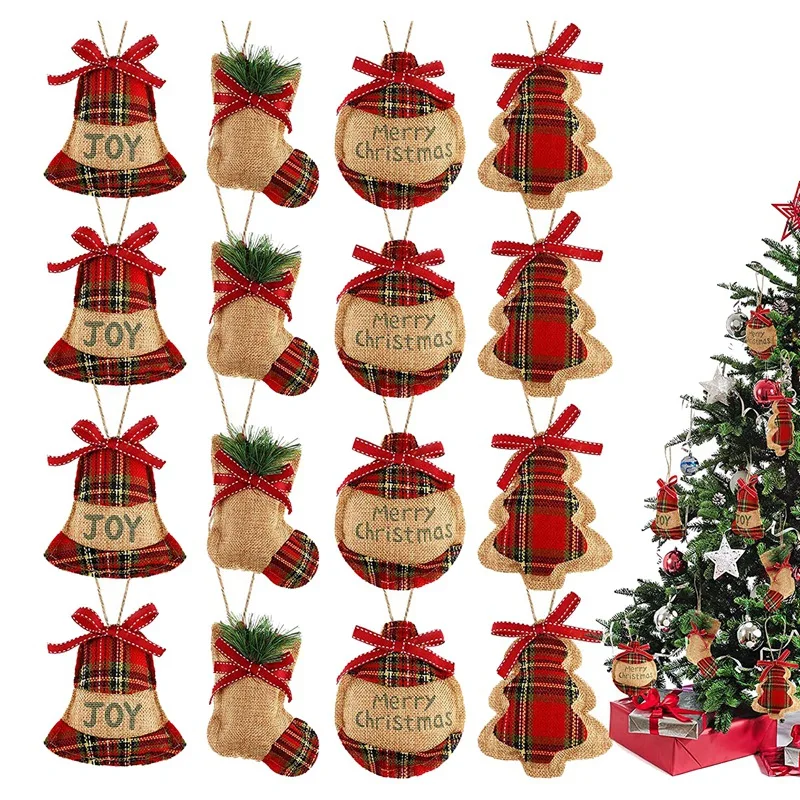 

16 Pieces Christmas Tree Hanging Decorations Christmas Stocking Tree Ball Shaped Decor For Christmas Party, 4 Styles