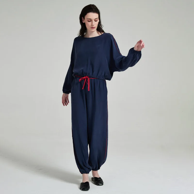 2022 NEW Summer 19mm 100%Silk Pajamas Set Women Silk Homewear Sleepwear Navy Blue High Quality Clothing