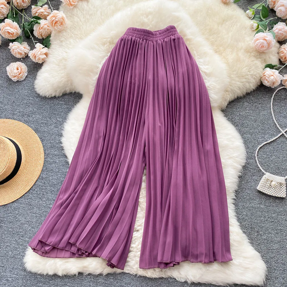 

VANOVICH Elastic Waist Wide Leg Pants Women's Summer New Pleated High Waist Drape Loose Solid Color Straight Chiffon Casual Pant