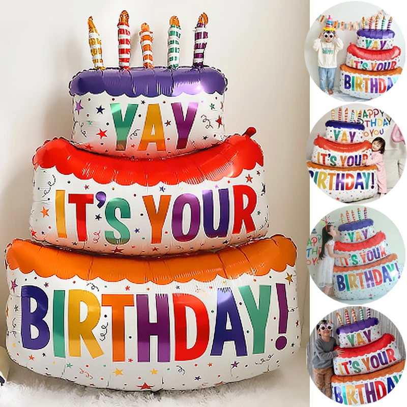 

Colored Candles Birthday Cake Balloon Large 3-Layer Cake Aluminum Film Balloons Happy Birthday Party Decor Baby Kids Shower Gift