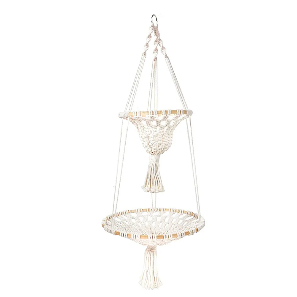 

2-ярусная подвесная корзина для макраме, домашний декор в стиле бохо, держатель для цветов и растений, подвесная корзина для фруктов для кухн...