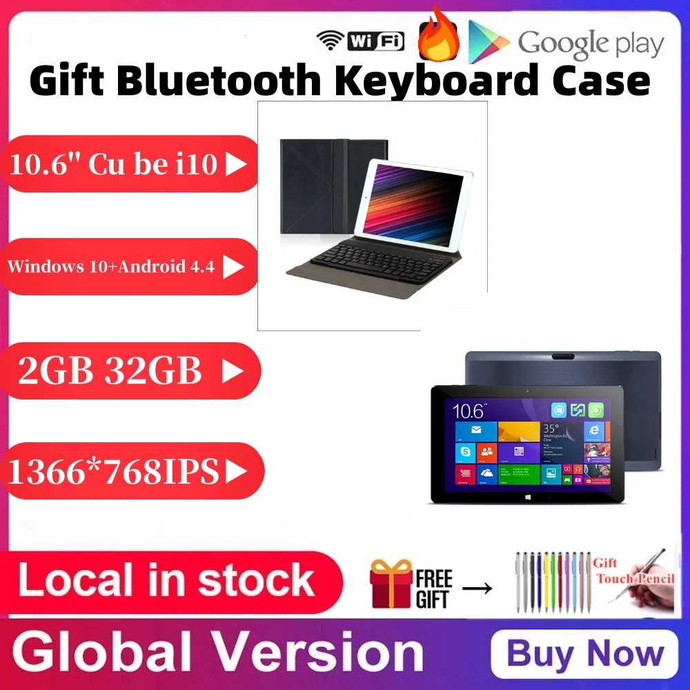 

10.6'' Quad Core 2GB RAM 32GB ROM Windows 10 + Android 4.4 Cube i10 Tablet PC With BT Keyboard Case 1366*768 IPS HDMI-Compatible