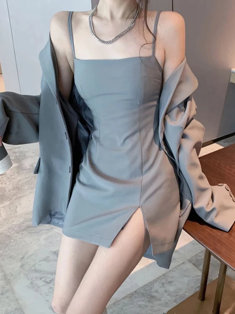 Sungtin 2022 Two Piece Women Sets Blazer Dress Suits OL Split Straps Bodycon Dresses Female Korean Oversize Elegant Jacket Coats | Женская
