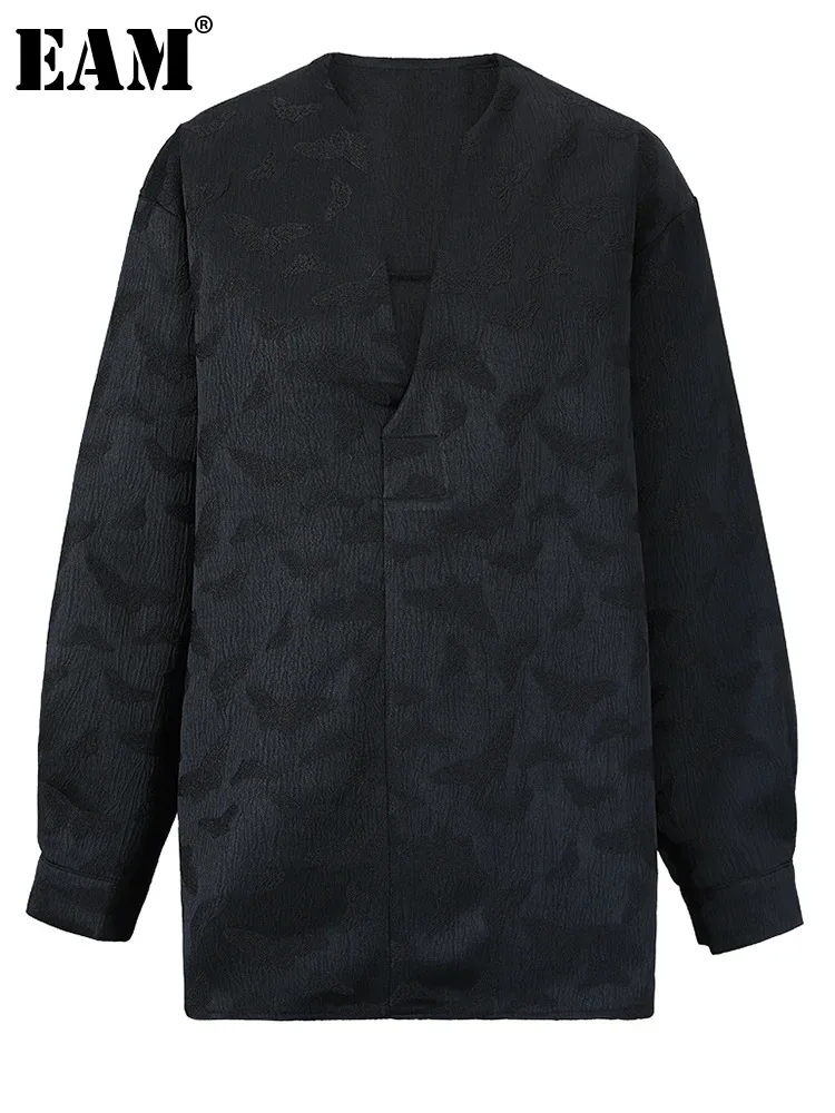 

[EAM] Women Black Jacquard Elegant Big Size Blouse New V-neck Long Sleeve Loose Fit Shirt Fashion Spring Autumn 2023 CPG0730