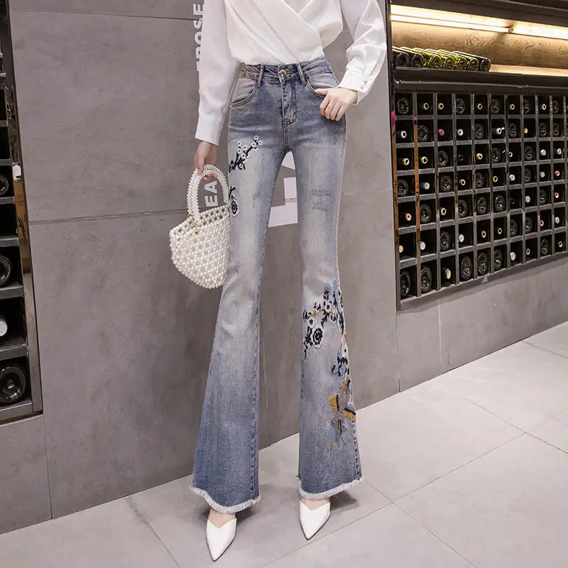 

Denim Pants 2022 Fashion Casual Autumn Jeans Flare Trouser Streetwear High Elastic Flower Embroidery Skinny Woman Vintage M460