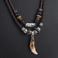 men bohemian wolf tooth pendant necklace woven vintage handmade cross beads stylish tribal design tooth rope necklace jewelry