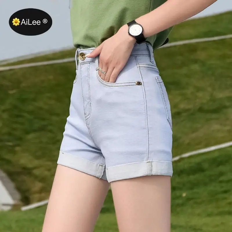 Summer women fashion straight high waist hell rolled up denim shorts female trendy skinny jean casual bottom student shorts