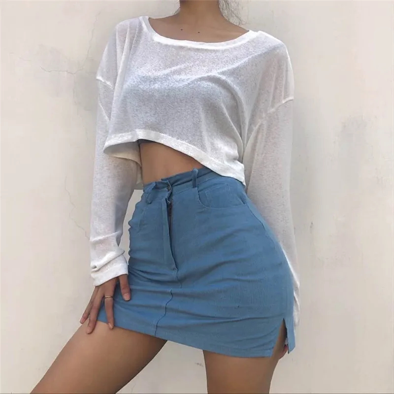 

Woman Retro O-neck Cotton Green Black White Blue Thin Hedging Round Neck Loose Long-sleeved T-shirt Crop Top Women 2021 New