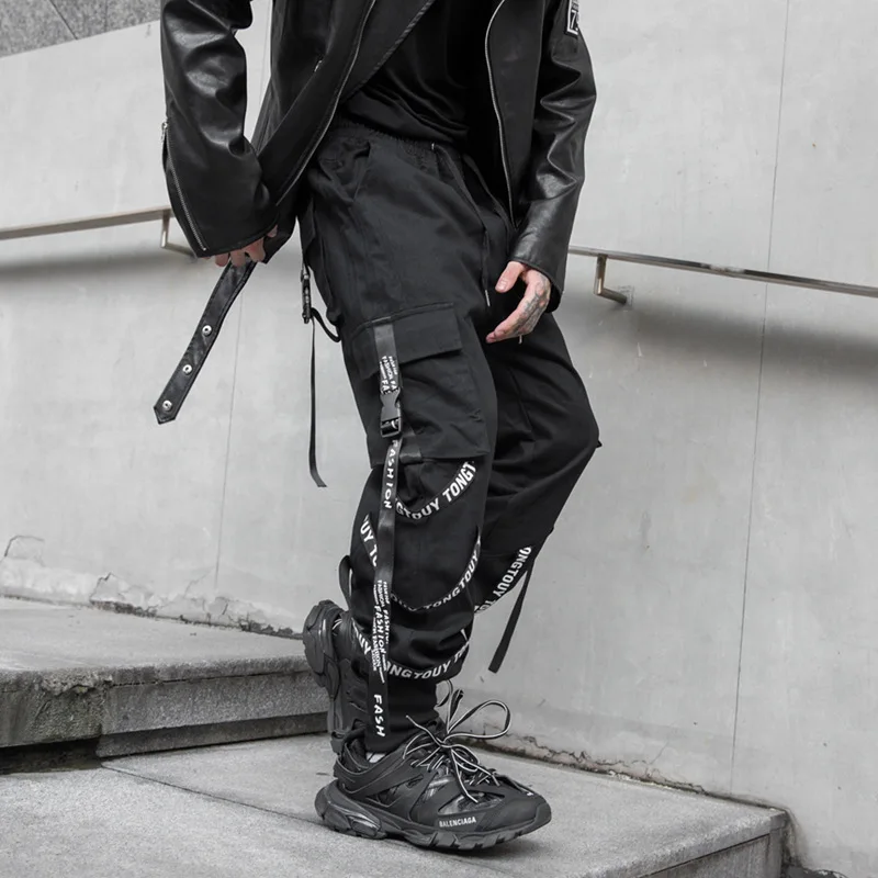 

Men Black Cargo Pants Men Joggers Cargo Trousers for Men Jogging Japanese Streetwear Hip Hop Hippie Techwear Gothic Ribbon