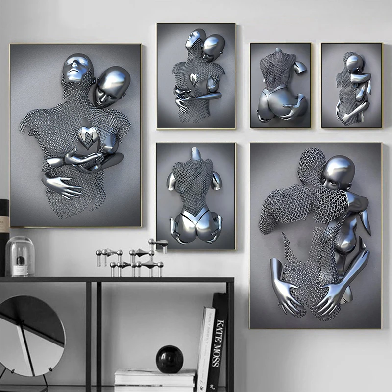 

Black And White Metal Couples Embrace And Kiss The Living Room, Bedroom, Wall Art,Hanging Painting, Spray Painting,Canvas Poster