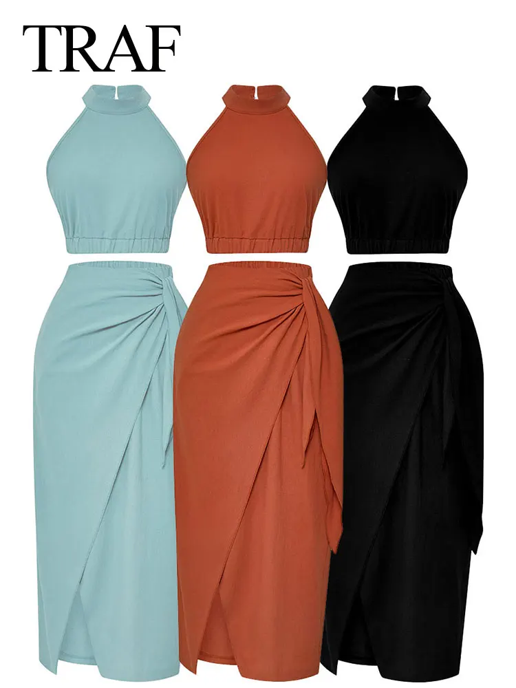 

TRAF Women's Solid Casual 2 Piece Suit Sleeveless Halterneck Slim Crop Tops + Draped Ruched Skirts 2023 Spring Female Clothing