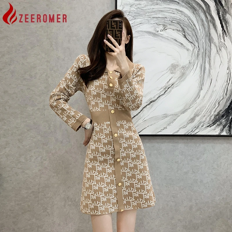 

2023 Autumn Winter French Fashion Letter Print Knit Short Dress Women Lapel Long Sleeve Single Breasted Slim A-line Party Dress