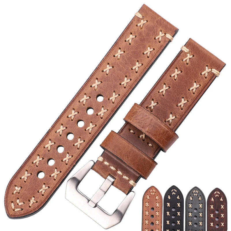 

Handmade Watch Band Bracelet 22mm 24mm Vintage Cow Leather Watchband Women Men Brown Black Green Coffee Strap Accessories