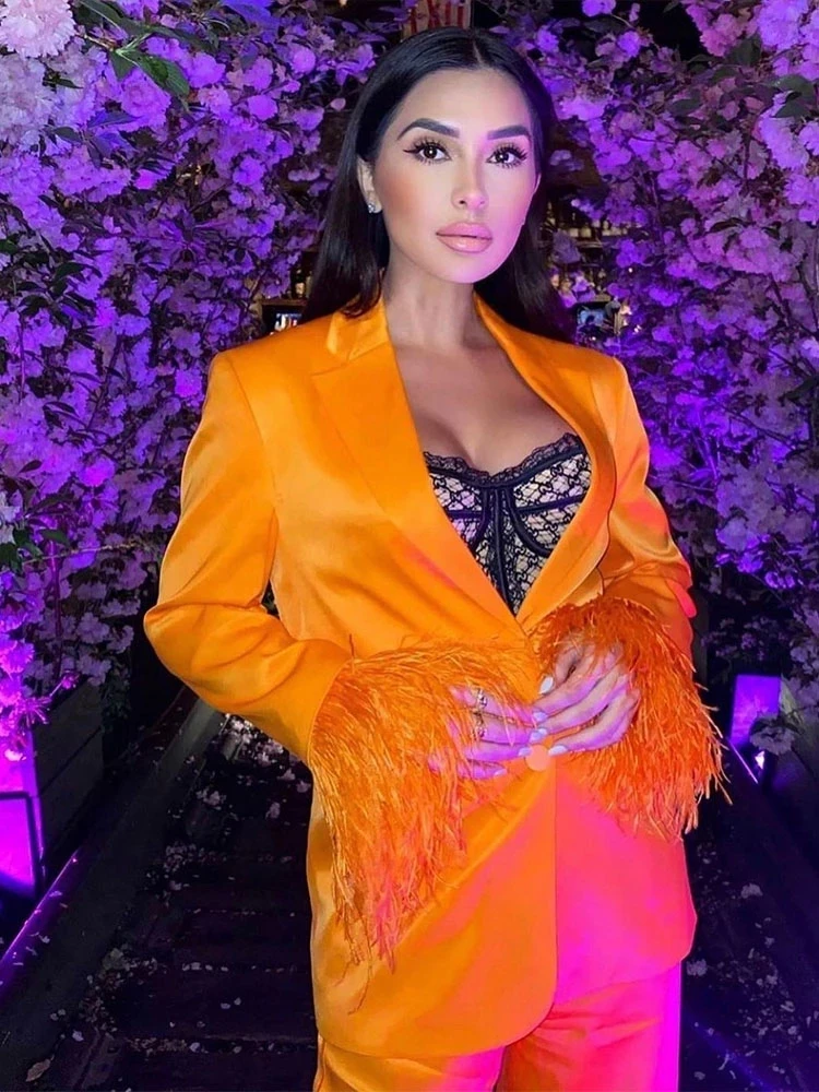 Orange Blazer Suit Pajamas Set Women Loungewear 2Pcs Long-Sleeve Blazer Female Sleepwear Home Clothes for Women Chic Outerwear