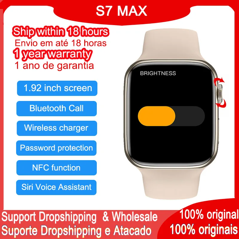 

Оригинальные Смарт-часы iwo S7 MAX Серии 1,92 дюйма 7 NFC Ai Siri голосовой помощник Bluetooth Вызов Беспроводная зарядка IP67 Смарт-часы