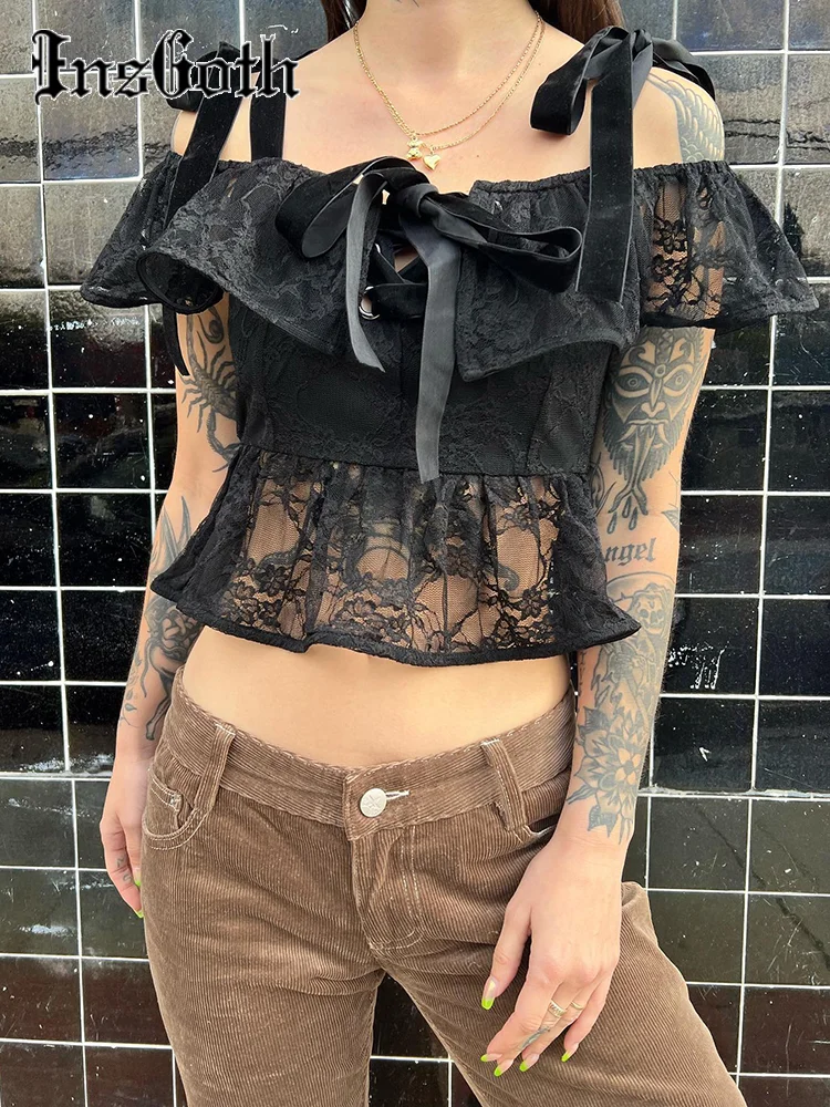 

InsGoth Vintage Sexy Fairy Grunge Irregular Hem y2k Crop Top Summer Gothic Aesthetic Off Shoulder Woman Tank And Camis