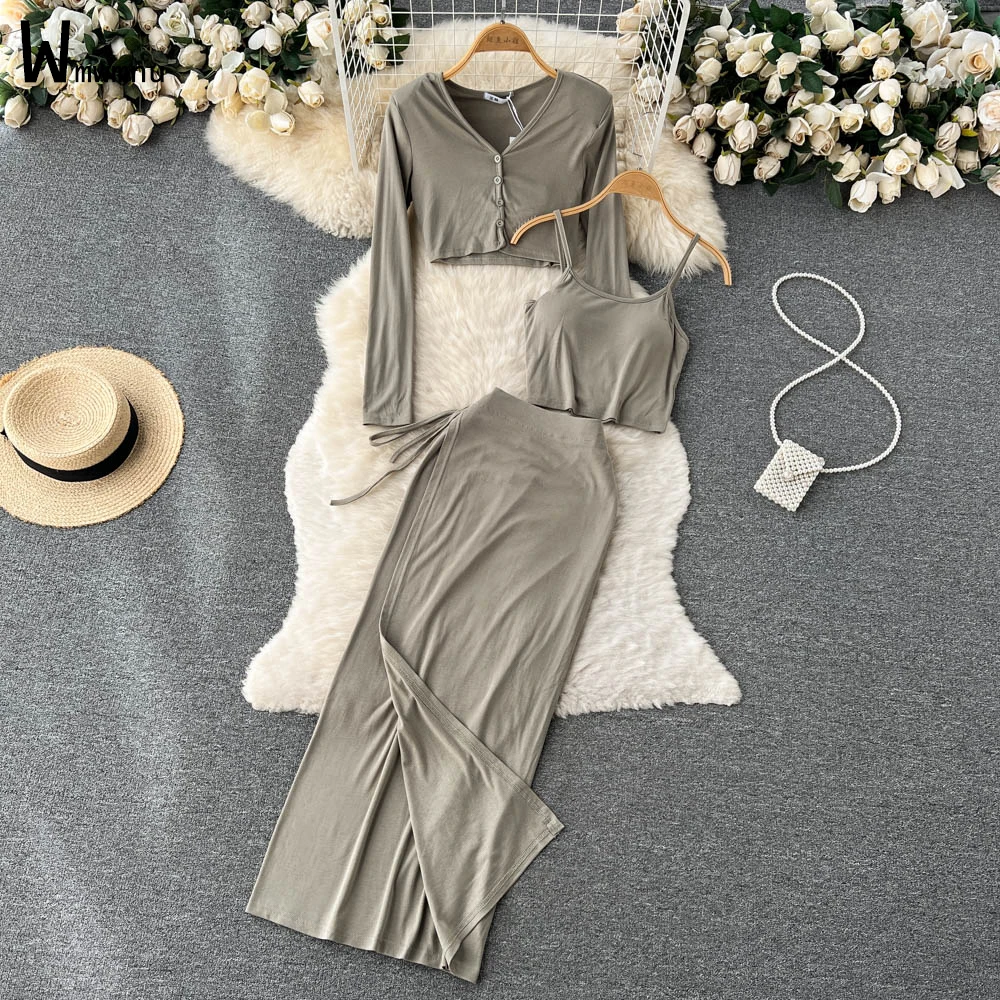

Korean Slim Chic 3 Piece Sets Women Long Sleeve V Neck Shorts Coat+Straps Tops+High Waist Slit Skirts Suits Casual Sexy Outfits