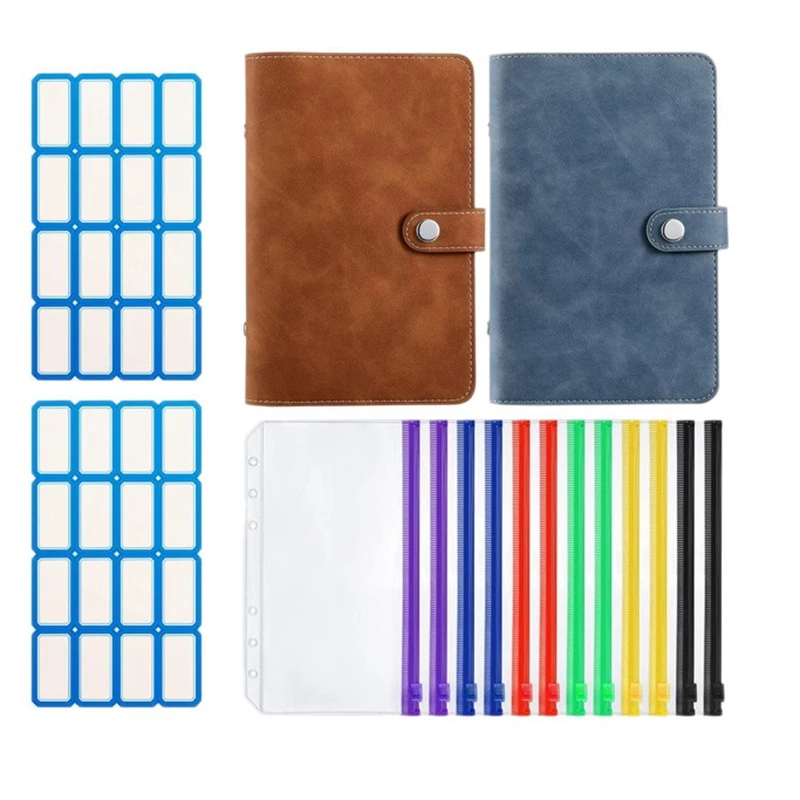 

2 Pcs 6-Ring Notebook Binder PU Leather Loose Leaf Notebook Binder Cover with 12Pcs Plastic A6 Binder Envelopes Pouches