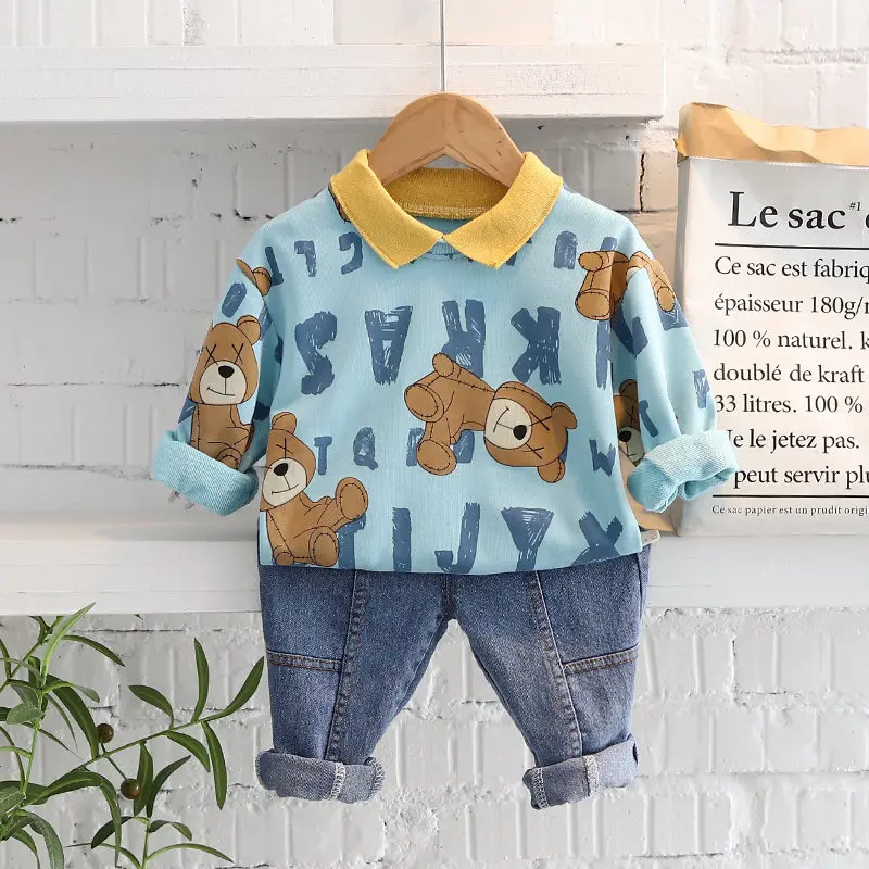 

Весенняя хлопковая одежда для маленьких мальчиков и девочек, детская футболка с принтом и полосками, джинсы, 2 шт./компл., повседневный спорт...