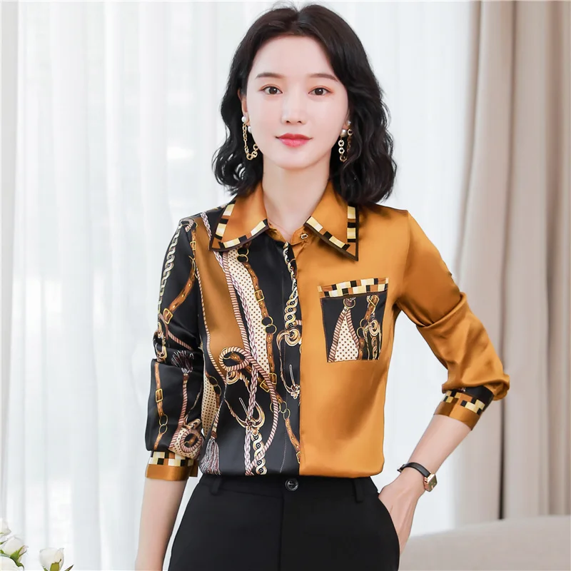

Chiffon Print Women's Blouse Casual Polo Shirt Long Sleeve Autumn Fashion Top