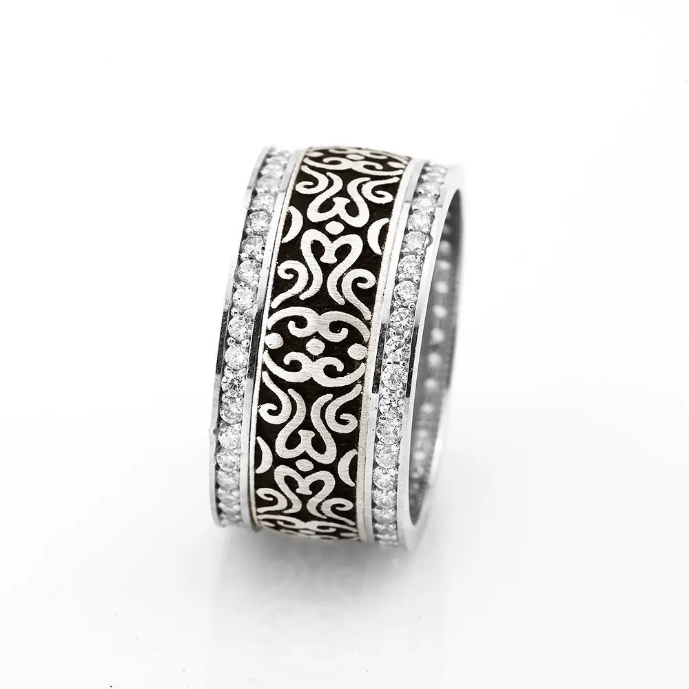 

Classic Eastern Motif Embroidered Zircon Cubic Zirconia 925 Sterling Silver Women Wedding Rings