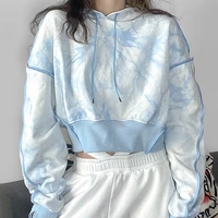 fall and winter new 2021 womens short loose fashion tie dye hooded long sleeve blue pullover female korean hoodies sweatshirt